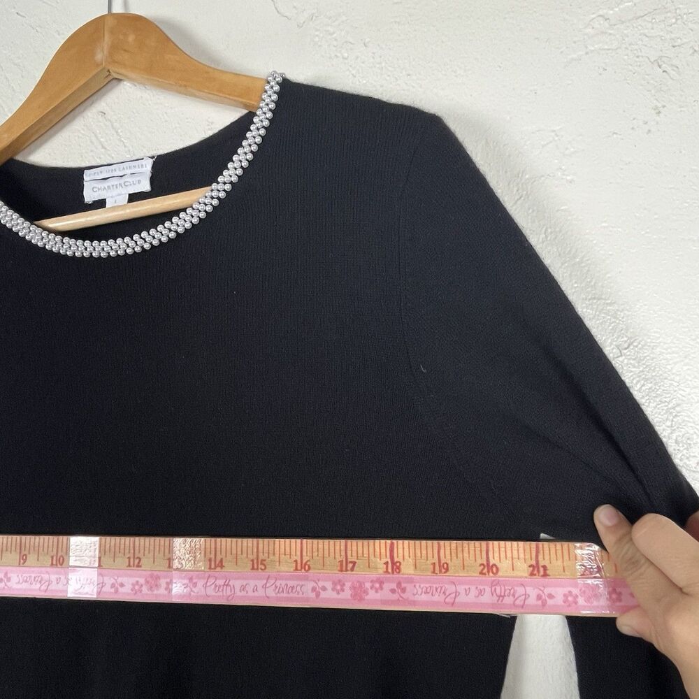 Charter Club 100% Cashmere Sweater Women L Black Pearl Trim Long Sleeve - Picture 8 of 13